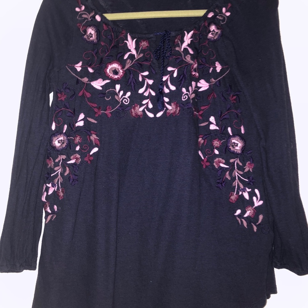 Bohemian embroidered navy peasant top